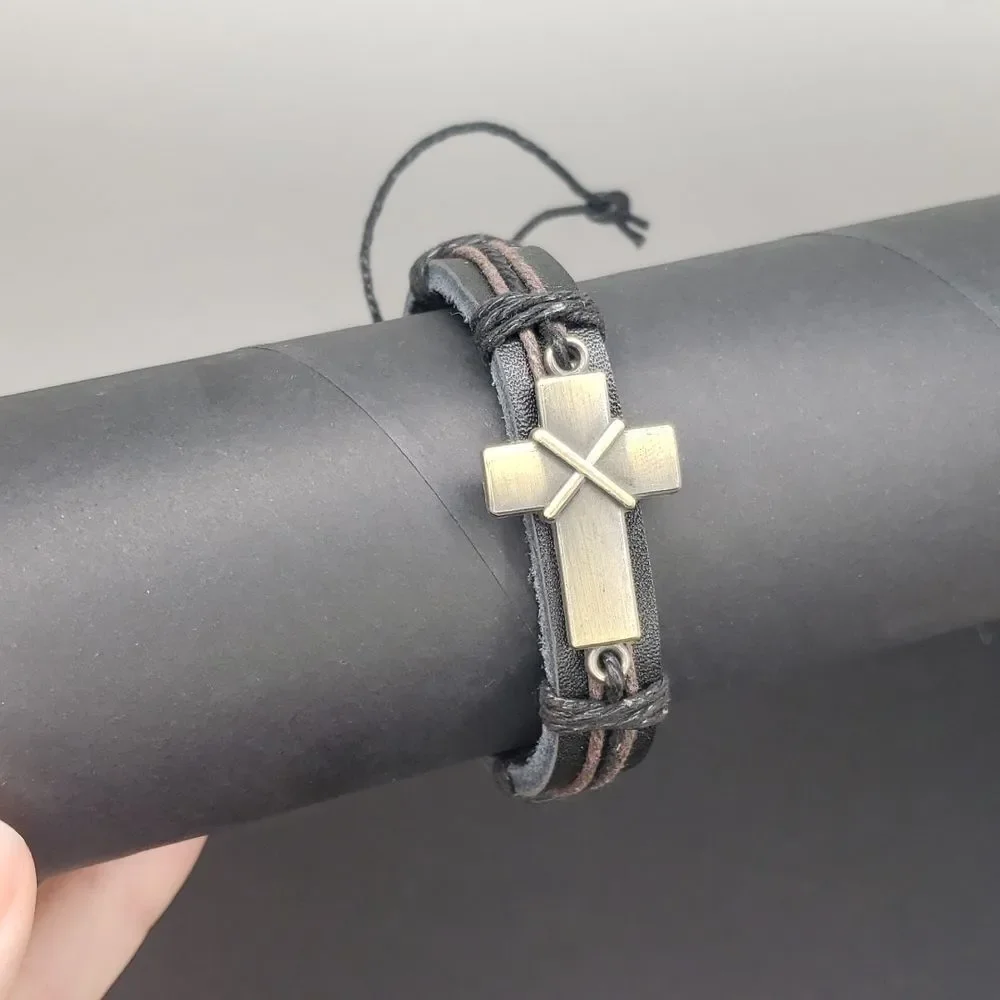 Medieval cross adjustable vegan leather bracelet